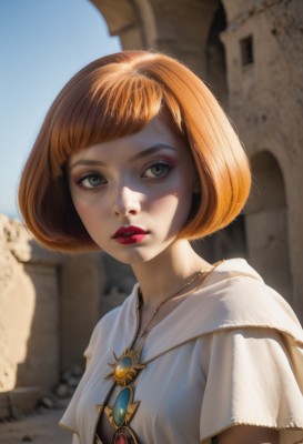 1girl,solo,looking at viewer,short hair,bangs,dress,jewelry,green eyes,upper body,short sleeves,outdoors,parted lips,sky,day,necklace,orange hair,blurry,blue sky,lips,looking to the side,grey eyes,eyelashes,makeup,blurry background,bob cut,lipstick,gem,realistic,nose,red lips,blue eyes,brown hair,artist name,watermark,sunlight,freckles