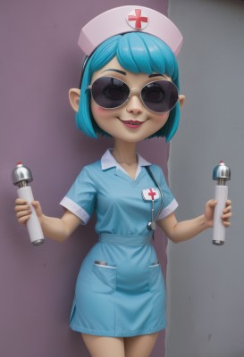 1girl,solo,breasts,looking at viewer,blush,smile,short hair,bangs,hat,dress,holding,blue hair,standing,collarbone,short sleeves,cowboy shot,small breasts,parted lips,teeth,lips,aqua hair,makeup,blue dress,short dress,sunglasses,cross,pocket,nurse cap,collared dress,nurse,stethoscope,red cross,blue eyes,medium breasts,pointy ears,nail polish,watermark,lipstick,legs together,name tag,red lips,syringe