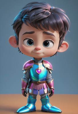 solo,looking at viewer,smile,short hair,bangs,blue eyes,brown hair,black hair,gloves,1boy,closed mouth,standing,full body,male focus,heart,boots,belt,pants,chibi,armor,black eyes,blue background,thick eyebrows,shoulder armor,gauntlets,gem,freckles,pauldrons,breastplate,arms at sides,armored boots,plate armor,artist name,watermark,male child