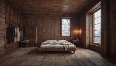 day,indoors,tree,pillow,no humans,window,bed,bed sheet,fire,curtains,scenery,snow,wooden floor,door,blanket,wall,bedroom,rug,wooden wall,fireplace,lying,chair,table,sleeping,candle,clothes removed,clothes