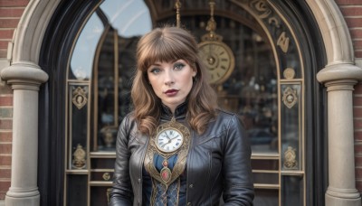 1girl,solo,long hair,breasts,looking at viewer,smile,bangs,blue eyes,brown hair,jewelry,jacket,upper body,earrings,open clothes,blurry,open jacket,lips,grey eyes,makeup,lipstick,curly hair,clock,leather,leather jacket,denim jacket,blonde hair,medium breasts,parted lips,blurry background,realistic,red lips,brick wall,pillar,tower,arch,column,clock tower