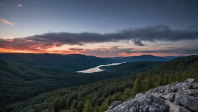 outdoors,sky,cloud,tree,blue sky,no humans,cloudy sky,grass,star (sky),nature,scenery,forest,sunset,rock,mountain,horizon,river,landscape,mountainous horizon,gradient sky,hill,night,starry sky,sunrise