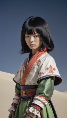 1girl,solo,looking at viewer,short hair,bangs,black hair,gloves,long sleeves,brown eyes,closed mouth,standing,upper body,short sleeves,cowboy shot,japanese clothes,black gloves,blunt bangs,medium hair,black eyes,lips,sash,blue background,expressionless,obi,floral print,brown gloves,realistic,nose,arms at sides,layered sleeves,short over long sleeves,skirt,looking to the side,chinese clothes,bob cut,desert