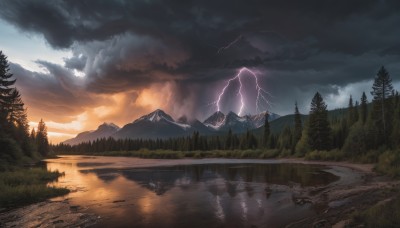 outdoors,sky,cloud,water,tree,no humans,cloudy sky,grass,nature,scenery,forest,reflection,sunset,mountain,electricity,river,lightning,landscape,mountainous horizon,lake,reflective water,pine tree