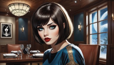 1girl,solo,looking at viewer,short hair,bangs,blue eyes,brown hair,shirt,black hair,closed mouth,upper body,sky,indoors,cup,lips,eyelashes,window,makeup,night,chair,moon,table,bob cut,blue shirt,lipstick,portrait,night sky,full moon,eyeshadow,nose,red lips,eyeliner,candle,picture frame,mascara,tree,swept bangs,parody,bottle,snow,alcohol,drinking glass,mirror,style parody,wine glass,painting (object),candlestand