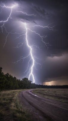 outdoors,sky,cloud,tree,no humans,cloudy sky,grass,nature,scenery,forest,sunset,electricity,road,river,lightning,landscape,path,water,horizon