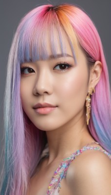 1girl,solo,long hair,looking at viewer,smile,bangs,blonde hair,simple background,bare shoulders,brown eyes,jewelry,upper body,pink hair,multicolored hair,earrings,parted lips,blunt bangs,grey background,two-tone hair,lips,gradient,gradient background,eyelashes,gradient hair,makeup,portrait,realistic,nose,rainbow hair,closed mouth,necklace