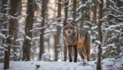 outdoors, blurry, tree, no humans, bird, animal, nature, scenery, snow, forest, realistic, animal focus, winter