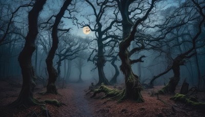 outdoors,sky,tree,no humans,night,moon,grass,nature,night sky,scenery,full moon,forest,bare tree,fog,moonlight,dark,landscape