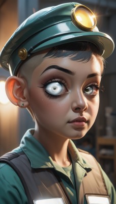 1girl,solo,looking at viewer,short hair,blue eyes,shirt,black hair,1boy,hat,jewelry,closed mouth,upper body,male focus,earrings,collared shirt,artist name,indoors,mole,blurry,uniform,vest,lips,grey eyes,eyelashes,mole under eye,blurry background,goggles,portrait,androgynous,freckles,realistic,nose,green headwear,green shirt,stud earrings,brown hair,military,military uniform,makeup,thick eyebrows,close-up,very short hair,police,police uniform,policewoman,mascara,mole on cheek