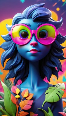 1girl,solo,looking at viewer,blush,smile,blue hair,collarbone,upper body,flower,glasses,artist name,medium hair,lips,makeup,colored skin,leaf,sunglasses,blue skin,tinted eyewear,pink-tinted eyewear,short hair,black hair,parted lips,pink-framed eyewear