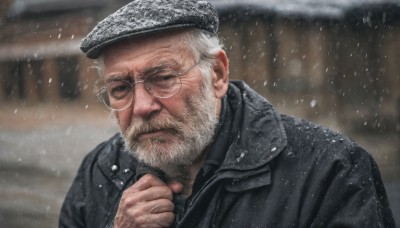 solo,1boy,hat,closed mouth,jacket,closed eyes,upper body,white hair,male focus,outdoors,glasses,blurry,coat,black jacket,blurry background,facial hair,beret,beard,snow,snowing,realistic,round eyewear,mustache,manly,old,old man,looking at viewer,short hair,hand up,lips,black headwear,depth of field,scar,thick eyebrows,portrait,nose,hand on own chin