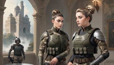 short hair,multiple girls,blonde hair,brown hair,1boy,2girls,brown eyes,weapon,belt,indoors,hair bun,armor,uniform,lips,gun,military,military uniform,single hair bun,helmet,shoulder armor,building,pauldrons,pouch,breastplate,candle,camouflage,castle,painting (object),soldier,church,plate armor,bulletproof vest,1girl,looking at viewer,holding,standing,upper body,parted lips,sky,day,holding weapon,multiple views,holding gun,rifle,realistic