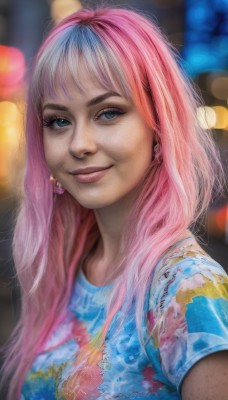 1girl,solo,long hair,looking at viewer,smile,bangs,blue eyes,shirt,jewelry,closed mouth,upper body,pink hair,short sleeves,multicolored hair,earrings,blurry,two-tone hair,lips,eyelashes,makeup,depth of field,blurry background,watermark,blue shirt,t-shirt,freckles,realistic,nose,print shirt,multicolored shirt,blue hair,artist name,streaked hair,torn clothes,bokeh,mascara