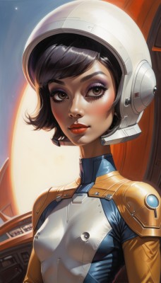 1girl,solo,breasts,looking at viewer,blush,smile,short hair,bangs,black hair,brown eyes,upper body,small breasts,shiny,signature,armor,lips,eyelashes,bodysuit,makeup,swept bangs,helmet,lipstick,skin tight,eyeshadow,science fiction,realistic,nose,red lips,eyeliner,space,spacecraft,spacesuit,space helmet,astronaut,closed mouth,pilot suit