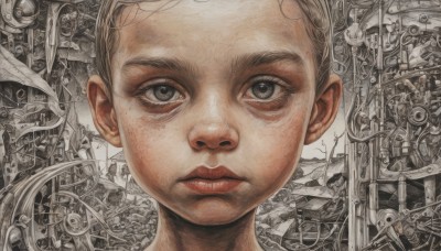 solo,looking at viewer,blonde hair,1boy,closed mouth,male focus,black eyes,lips,grey eyes,traditional media,child,portrait,close-up,freckles,realistic,gears,1girl,short hair,monochrome,expressionless