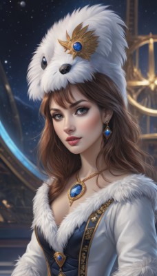 1girl,solo,long hair,breasts,looking at viewer,blue eyes,brown hair,hat,dress,cleavage,jewelry,upper body,earrings,small breasts,parted lips,sky,necklace,blurry,lips,coat,grey eyes,fur trim,eyelashes,makeup,white headwear,lipstick,gem,star (sky),snow,pendant,nose,winter clothes,red lips,fur hat,bangs,long sleeves,artist name,night,night sky,eyeshadow,realistic