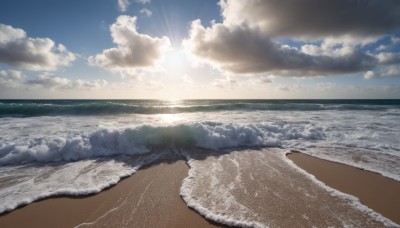 outdoors,sky,day,cloud,water,blue sky,no humans,ocean,beach,sunlight,cloudy sky,scenery,lens flare,sand,sun,horizon,waves,shore,light rays,sunbeam