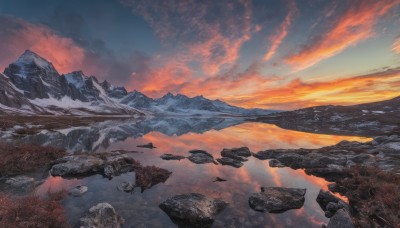 outdoors,sky,cloud,water,tree,blue sky,no humans,cloudy sky,nature,scenery,reflection,sunset,rock,mountain,horizon,river,landscape,mountainous horizon,lake,orange sky,red sky,above clouds,snow