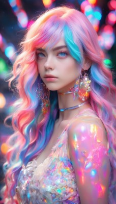 1girl,solo,long hair,breasts,looking at viewer,bangs,blue eyes,dress,bare shoulders,jewelry,medium breasts,closed mouth,blue hair,upper body,pink hair,multicolored hair,earrings,sleeveless,choker,necklace,mole,blurry,from side,two-tone hair,lips,looking to the side,eyelashes,makeup,depth of field,blurry background,wavy hair,gem,eyeshadow,realistic,nose,bokeh,colorful,mascara,artist name,streaked hair,sparkle,sleeveless dress,watermark,expressionless,light particles,lens flare,crystal,pink lips