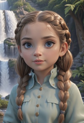 1girl,solo,long hair,looking at viewer,smile,blue eyes,brown hair,shirt,twintails,jewelry,upper body,braid,earrings,outdoors,parted lips,day,collared shirt,artist name,water,twin braids,tree,lips,eyelashes,buttons,bird,animal,blue shirt,plant,nature,hair over shoulder,forehead,freckles,pocket,hoop earrings,snake,realistic,nose,breast pocket,river,waterfall,breasts,bangs,small breasts,teeth,blurry,depth of field,blurry background,sunlight,thick eyebrows,rock