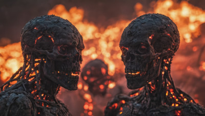 teeth, blurry, no humans, blurry background, fire, science fiction, monster, alien