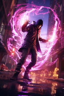 solo,looking at viewer,short hair,shirt,black hair,red eyes,long sleeves,1boy,standing,jacket,full body,male focus,boots,outdoors,open clothes,sky,pants,hood,water,black footwear,hair over one eye,blurry,open jacket,black jacket,night,blurry background,glowing,watermark,fire,building,reflection,city,magic,car,road,aura,street,skyscraper,city lights,pyrokinesis,coat,depth of field,black pants,hood down,ground vehicle,hooded jacket,web address,motor vehicle,electricity,hair over eyes,magic circle