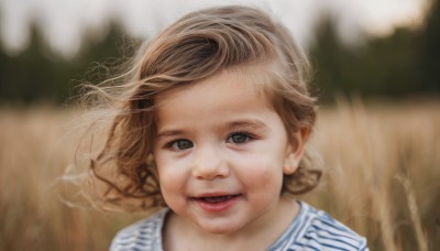 1girl,solo,looking at viewer,smile,short hair,open mouth,brown hair,shirt,brown eyes,outdoors,striped,blurry,lips,floating hair,depth of field,blurry background,wind,portrait,freckles,striped shirt,realistic,teeth,blue shirt,vertical stripes,vertical-striped shirt,wrinkled skin