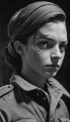 1girl,solo,looking at viewer,short hair,simple background,shirt,closed mouth,jacket,monochrome,upper body,greyscale,parted lips,collared shirt,uniform,lips,military,single hair bun,portrait,freckles,realistic,nose,hair bun,eyelashes,blood,blood on face