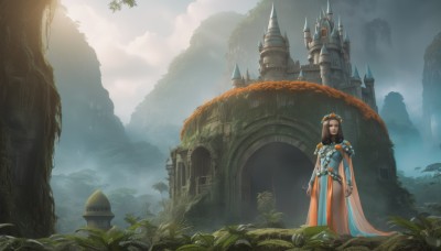 1girl,solo,long hair,brown hair,dress,jewelry,standing,outdoors,sky,day,cloud,signature,cape,tree,blue dress,cloudy sky,grass,plant,building,scenery,pelvic curtain,mountain,fantasy,arms at sides,castle,arch,hair ornament,flower,belt,hair flower,armor,sunlight,head wreath,fog,moss