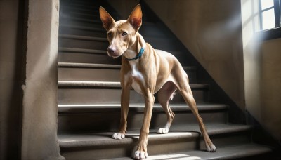 HQ,solo,looking at viewer,blue eyes,closed mouth,full body,day,indoors,black eyes,collar,no humans,window,animal,sunlight,dog,light rays,stairs,realistic,animal focus,standing,sunbeam,animal collar