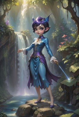 1girl,solo,breasts,looking at viewer,smile,short hair,bangs,blue eyes,long sleeves,dress,holding,cleavage,medium breasts,blue hair,standing,full body,purple hair,flower,small breasts,outdoors,parted lips,horns,shoes,teeth,pointy ears,artist name,water,high heels,tree,lips,clothing cutout,makeup,blue dress,watermark,cleavage cutout,plant,nature,forest,blue footwear,fantasy,wand,red lips,magic,purple footwear,holding wand,waterfall,hair ornament,sword,leaf