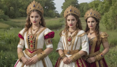 long hair,breasts,looking at viewer,multiple girls,brown hair,long sleeves,dress,brown eyes,jewelry,closed mouth,standing,braid,short sleeves,earrings,outdoors,parted lips,sky,day,puffy sleeves,3girls,necklace,white dress,bracelet,tree,puffy short sleeves,lips,red dress,own hands together,grass,tiara,crown,gem,nature,gold trim,realistic,princess,smile