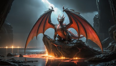 HQ,solo,looking at viewer,red eyes,tail,outdoors,wings,horns,sky,teeth,cloud,water,no humans,glowing,ocean,cloudy sky,fire,sharp teeth,scenery,glowing eyes,claws,spikes,dragon horns,monster,rock,mountain,fantasy,dragon,dragon tail,scales,lightning,dragon wings,cave,molten rock,open mouth,kaijuu