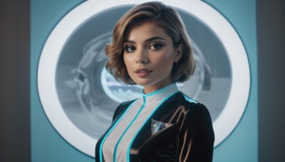 1girl,solo,breasts,looking at viewer,short hair,blue eyes,brown hair,brown eyes,jewelry,jacket,upper body,earrings,parted lips,dark skin,dark-skinned female,lips,black jacket,looking to the side,makeup,science fiction,realistic,nose,emblem,smile,medium breasts,teeth,uniform,thick eyebrows,leather jacket