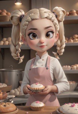 1girl,solo,looking at viewer,blush,smile,blonde hair,shirt,long sleeves,holding,twintails,brown eyes,jewelry,closed mouth,white shirt,upper body,braid,earrings,food,artist name,indoors,medium hair,blurry,apron,twin braids,petals,eyelashes,buttons,depth of field,blurry background,holding food,child,forehead,plate,bowl,female child,bread,kitchen,pink apron,long hair,hair ornament,lips,hair rings,cupcake