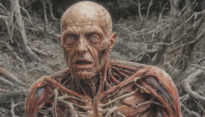 solo,looking at viewer,blue eyes,1boy,upper body,male focus,teeth,tree,no humans,facial hair,traditional media,veins,monster,realistic,bald,ribs,skeleton,bare tree,bone,alien,horror (theme),outdoors,blood,night,portrait,nature,forest