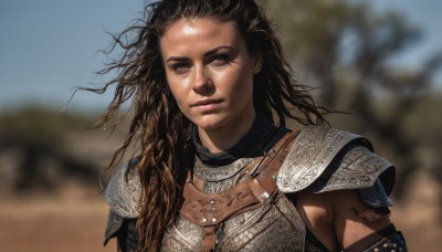 1girl,solo,long hair,looking at viewer,brown hair,brown eyes,closed mouth,upper body,outdoors,dark skin,armor,blurry,dark-skinned female,lips,tattoo,blurry background,shoulder armor,messy hair,forehead,pauldrons,breastplate,realistic,dirty,chainmail,black hair,day,wind,desert