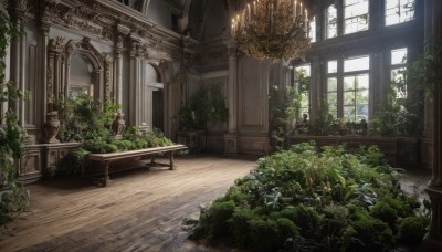 day,indoors,tree,no humans,window,chair,table,sunlight,plant,scenery,wooden floor,stairs,door,potted plant,ruins,pillar,arch,chandelier,overgrown,candle,architecture,statue,candlestand