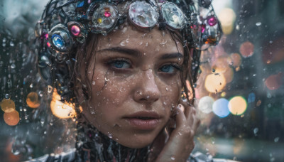 1girl, solo, looking at viewer, blue eyes, brown hair, jewelry, closed mouth, dark skin, blurry, dark-skinned female, lips, eyelashes, blurry background, expressionless, goggles, portrait, rain, goggles on head, water drop, realistic, nose