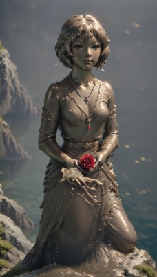 1girl,solo,breasts,looking at viewer,short hair,blue eyes,brown hair,long sleeves,dress,holding,jewelry,collarbone,flower,small breasts,outdoors,artist name,water,necklace,blurry,lips,wet,kneeling,rose,red flower,gem,red rose,rock,holding flower,blonde hair,hair ornament,gloves,cleavage,medium breasts,closed mouth,shiny,black dress,bracelet,depth of field,blurry background,sunlight,long dress,forehead jewel