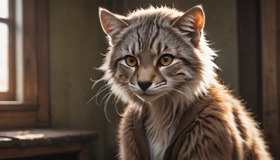 solo,looking at viewer,brown eyes,upper body,teeth,indoors,blurry,no humans,window,depth of field,blurry background,animal,cat,realistic,animal focus,whiskers,closed mouth,yellow eyes,signature,table,sunlight,portrait