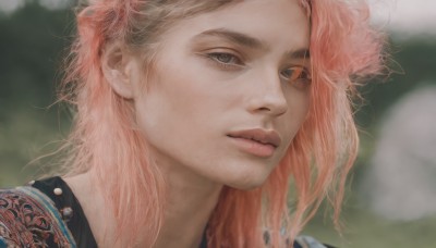 1girl,solo,long hair,looking at viewer,1boy,closed mouth,pink hair,male focus,blurry,black eyes,lips,grey eyes,eyelashes,tattoo,depth of field,blurry background,messy hair,portrait,realistic,nose,brown eyes,jewelry,parted lips,orange hair