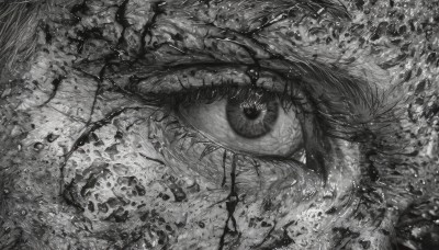 solo,open mouth,monochrome,greyscale,teeth,water,no humans,traditional media,sharp teeth,1other,monster,extra eyes,hatching (texture),horror (theme),eye focus,looking at viewer,eyelashes,blood,slit pupils,close-up,dragon,scales