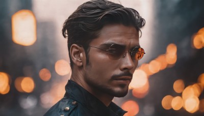 solo,short hair,black hair,1boy,closed mouth,jacket,male focus,glasses,blurry,from side,depth of field,blurry background,facial hair,sunglasses,portrait,beard,realistic,round eyewear,mustache,manly,tinted eyewear,looking at viewer,outdoors,lips,blue jacket,nose,bokeh,aviator sunglasses