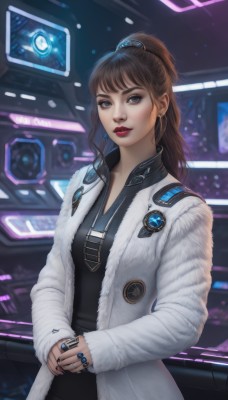 1girl,solo,long hair,looking at viewer,bangs,blue eyes,brown hair,shirt,hair ornament,long sleeves,brown eyes,jewelry,standing,ponytail,earrings,parted lips,open clothes,indoors,nail polish,lips,coat,black shirt,makeup,ring,own hands together,high ponytail,lipstick,black nails,science fiction,open coat,realistic,nose,labcoat,white coat,red lips,breasts,dress,medium breasts,closed mouth,jacket,upper body,artist name,blurry,black dress,open jacket,sleeves past wrists,fur trim,eyelashes,white jacket,eyeshadow,blue nails,hoop earrings,badge,neon lights