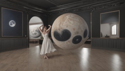 1girl,solo,long hair,brown hair,dress,bare shoulders,standing,closed eyes,barefoot,sleeveless,indoors,armpits,white dress,high heels,arms up,bare arms,window,sleeveless dress,moon,star (sky),scenery,reflection,wooden floor,space,dancing,wide shot,planet,earth (planet),breasts,open mouth,brown eyes,ponytail,night