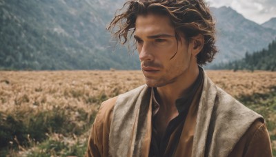 solo,short hair,brown hair,shirt,black hair,1boy,brown eyes,closed mouth,upper body,male focus,outdoors,sky,day,collared shirt,blurry,black eyes,looking to the side,black shirt,depth of field,blurry background,facial hair,messy hair,nature,beard,brown jacket,mountain,realistic,stubble,brown shirt,field,cloud,tree,lips,cloudy sky,towel,portrait