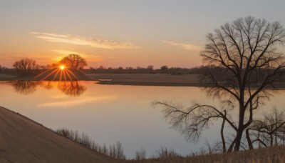 outdoors,sky,cloud,water,tree,no humans,cloudy sky,grass,nature,scenery,forest,reflection,sunset,sun,horizon,bare tree,river,lake,gradient sky,orange sky,sunlight,landscape