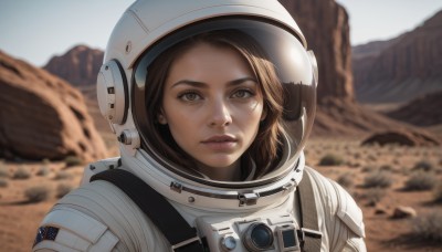 1girl,solo,looking at viewer,short hair,brown hair,brown eyes,upper body,outdoors,medium hair,blurry,lips,depth of field,blurry background,helmet,portrait,freckles,science fiction,realistic,nose,spacesuit,desert,space helmet,astronaut,parted lips,day,dirty,american flag